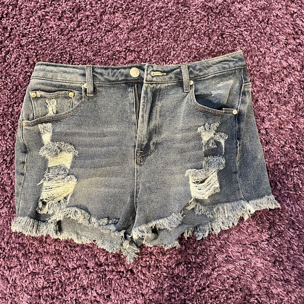 Black distressed denim shorts